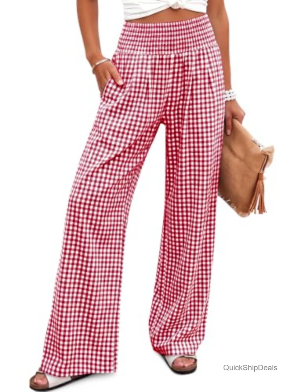 Womens Wide Leg Palazzo Pants Smocked Elastic Waist Gingham Checkered
